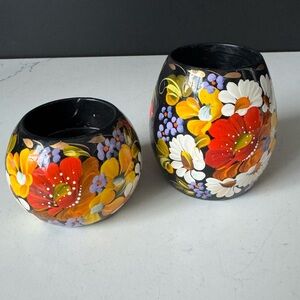 Hand-painted wooden tea light candle holders w Ukrainian floral design